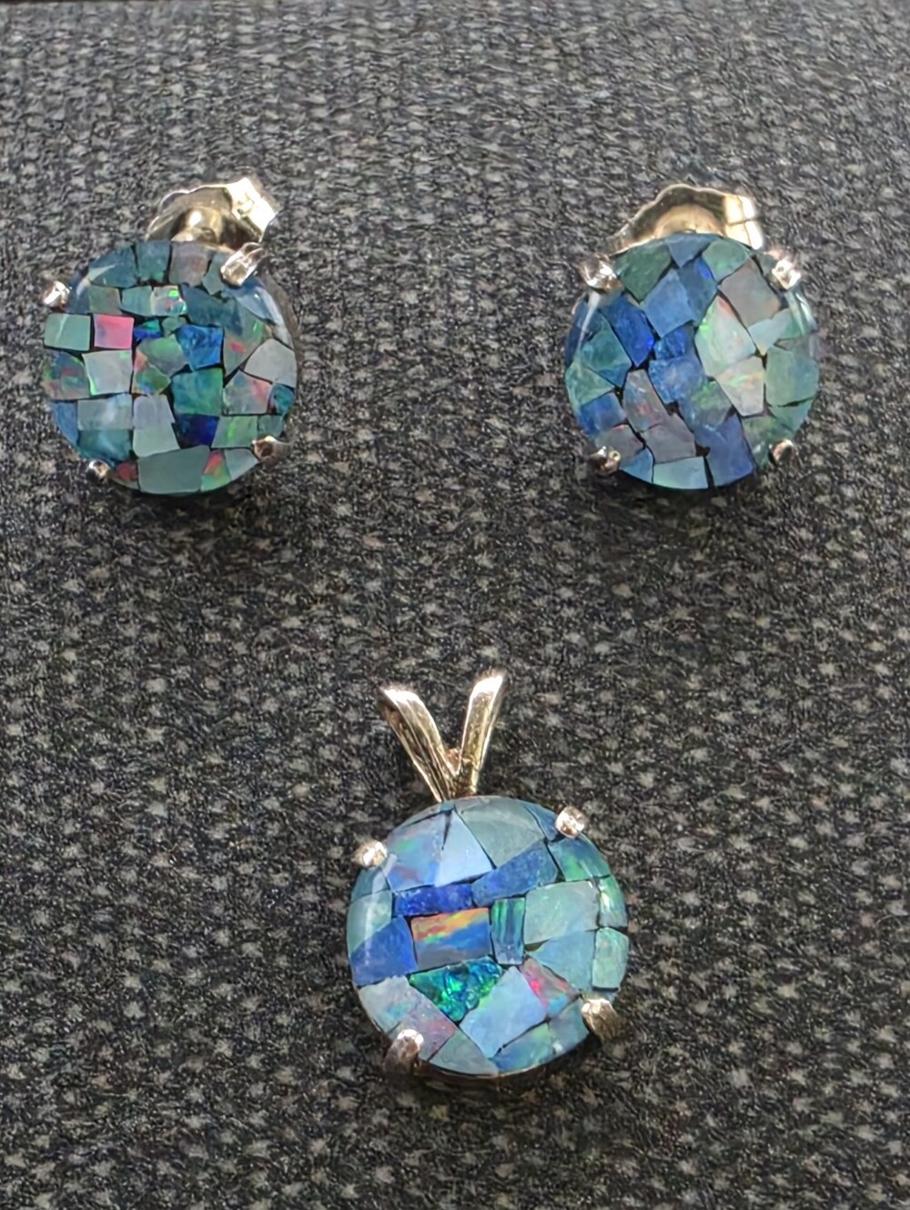 Blue Mosaic Opal Round Pendant & Stud Earrings Set